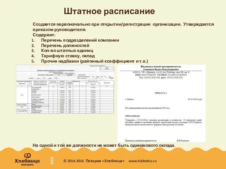 Штатное расписание Создается первоначально при открытии/регистрации организации. Утверждается приказом руководителя.