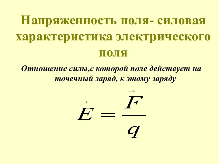 Напряженность поля- силовая характеристика электрического поля Отношение силы,с которой поле