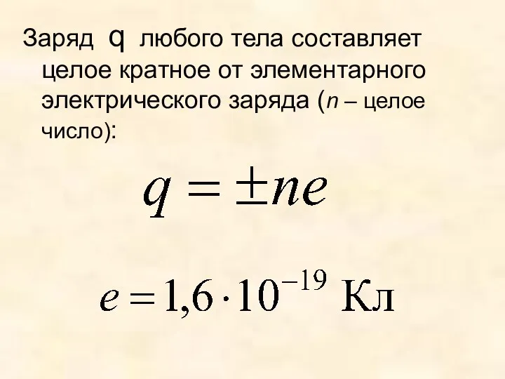 Заряд q любого тела составляет целое кратное от элементарного электрического заряда (n – целое число):