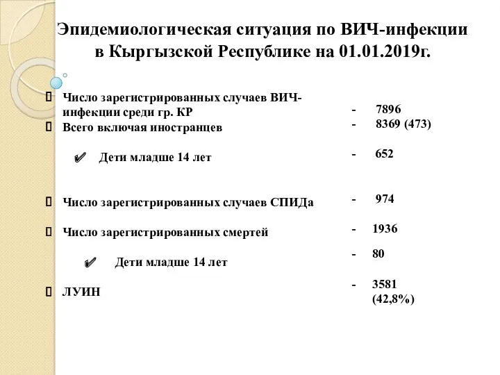 Эпидемиологическая ситуация по ВИЧ-инфекции в Кыргызской Республике на 01.01.2019г. Число