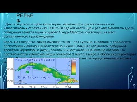 РЕЛЬЕФ Для поверхности Кубы характерны низменности, расположенные на известняковых отложениях.