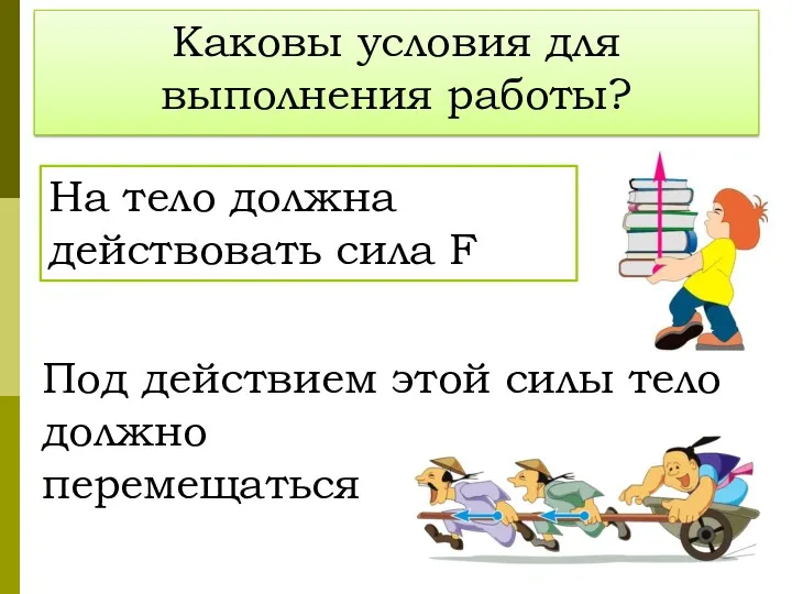 Каковы условия для выполнения работы? На тело должна действовать сила