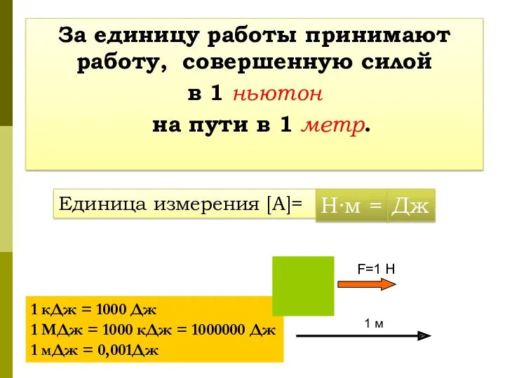 За единицу работы принимают работу, совершенную силой в 1 ньютон