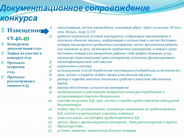 Документационное сопровождение конкурса Извещение ст.42,49 Конкурсная документация ст.50 Заявка на