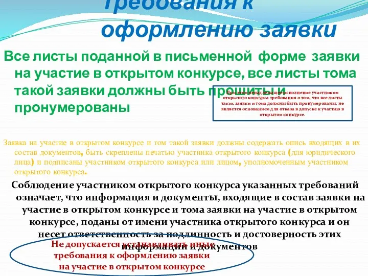 Требования к оформлению заявки Все листы поданной в письменной форме