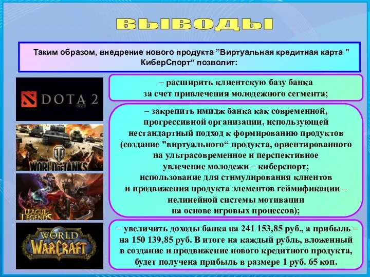 ВЫВОДЫ Таким образом, внедрение нового продукта ”Виртуальная кредитная карта ”КиберСпорт“