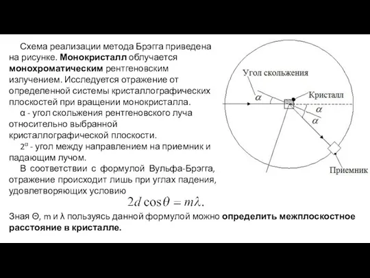 Схема реализации метода Брэгга приведена на рисунке. Монокристалл облучается монохроматическим