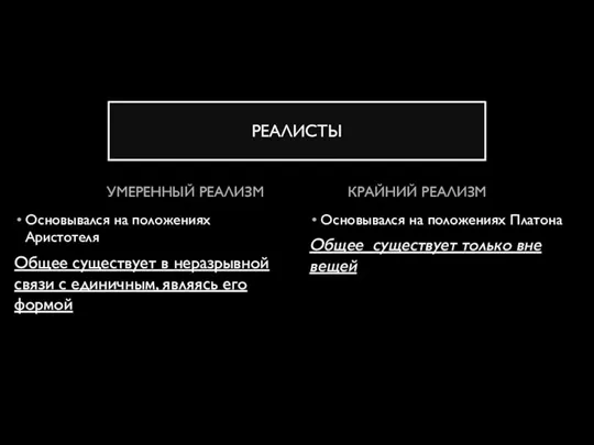 УМЕРЕННЫЙ РЕАЛИЗМ Основывался на положениях Аристотеля Общее существует в неразрывной