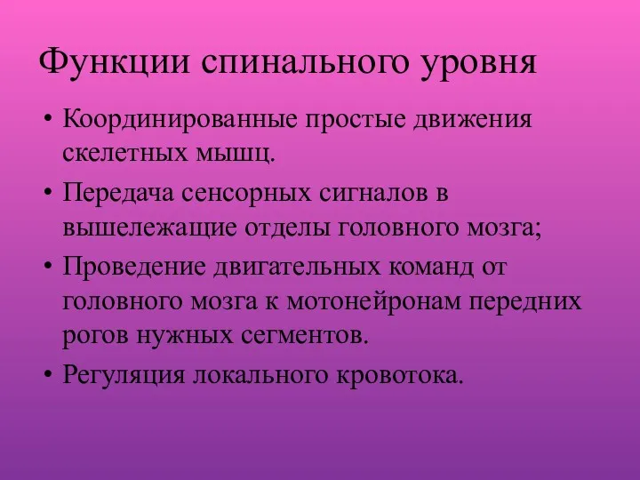 Функции спинального уровня Координированные простые движения скелетных мышц. Передача сенсорных