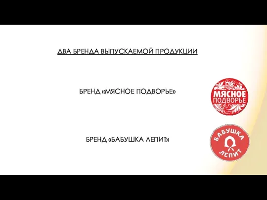 ДВА БРЕНДА ВЫПУСКАЕМОЙ ПРОДУКЦИИ БРЕНД «МЯСНОЕ ПОДВОРЬЕ» БРЕНД «БАБУШКА ЛЕПИТ» БРЕНД «МЯСНОЕ ПОДВОРЬЕ