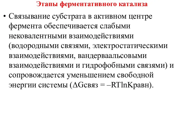 Этапы ферментативного катализа Связывание субстрата в активном центре фермента обеспечивается