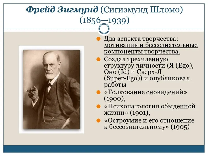 Фрейд Зигмунд (Сигизмунд Шломо) (1856—1939) Два аспекта творчества: мотивация и