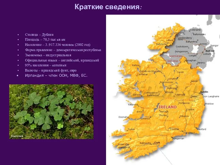 Краткие сведения: Столица – Дублин Площадь – 70,3 тыс кв