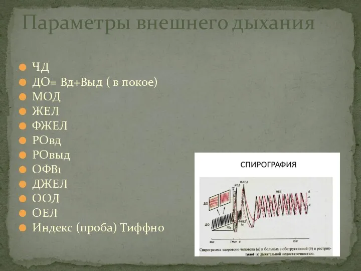 ЧД ДО= Вд+Выд ( в покое) МОД ЖЕЛ ФЖЕЛ РОвд