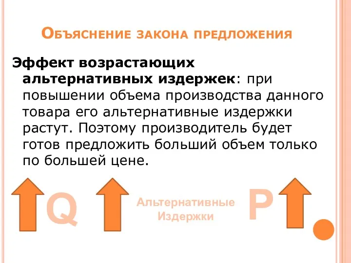 Объяснение закона предложения Эффект возрастающих альтернативных издержек: при повышении объема