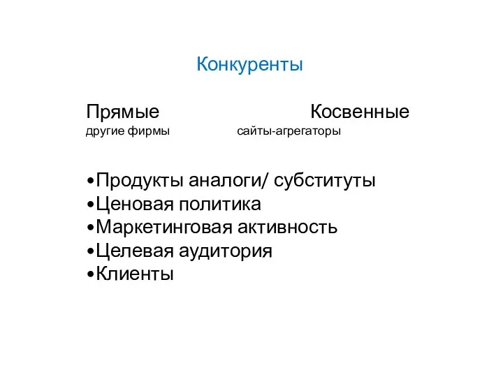 Конкуренты Прямые Косвенные другие фирмы сайты-агрегаторы •Продукты аналоги/ субституты •Ценовая политика •Маркетинговая активность •Целевая аудитория •Клиенты