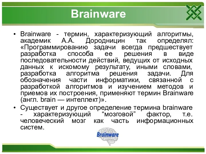 Brainware Brainware - термин, характеризующий алгоритмы, академик А.А. Дородницин так определял: «Программированию задачи