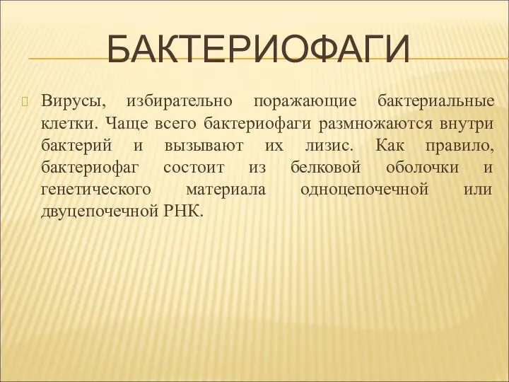 БАКТЕРИОФАГИ Вирусы, избирательно поражающие бактериальные клетки. Чаще всего бактериофаги размножаются