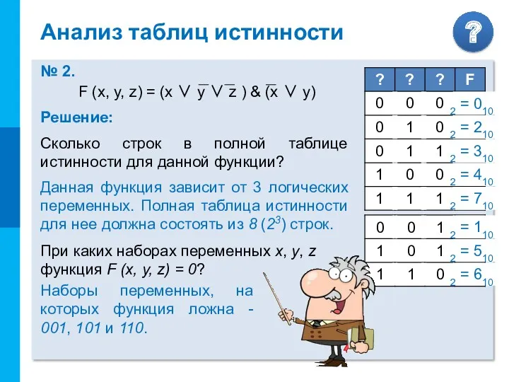 Анализ таблиц истинности № 2. Решение: Сколько строк в полной