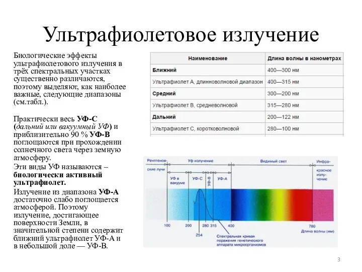 Ультрафиолетовое излучение Биологические эффекты ультрафиолетового излучения в трёх спектральных участках существенно различаются, поэтому