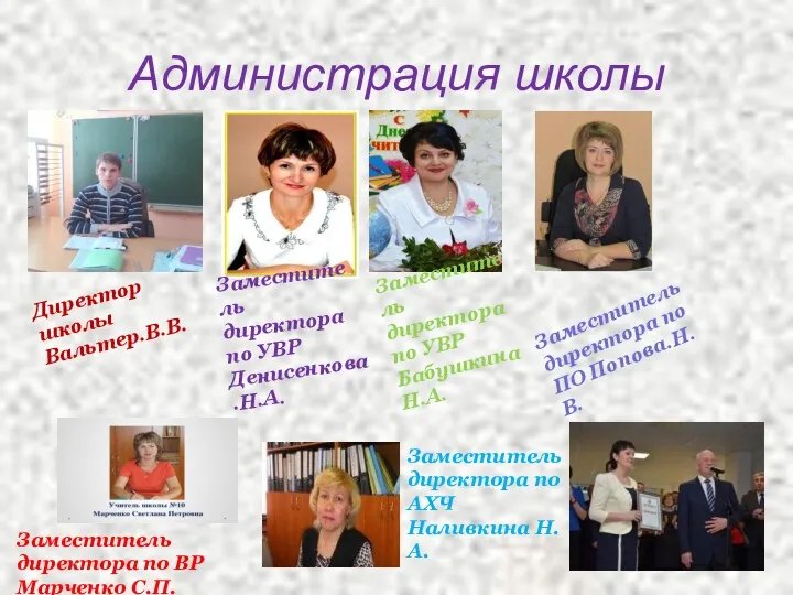 Администрация школы Директор школы Вальтер.В.В. Заместитель директора по УВР Денисенкова.Н.А.