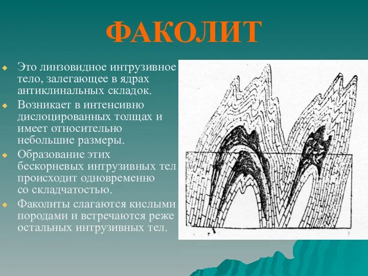 ФАКОЛИТ Это линзовидное интрузивное тело, залегающее в ядрах антиклинальных складок.