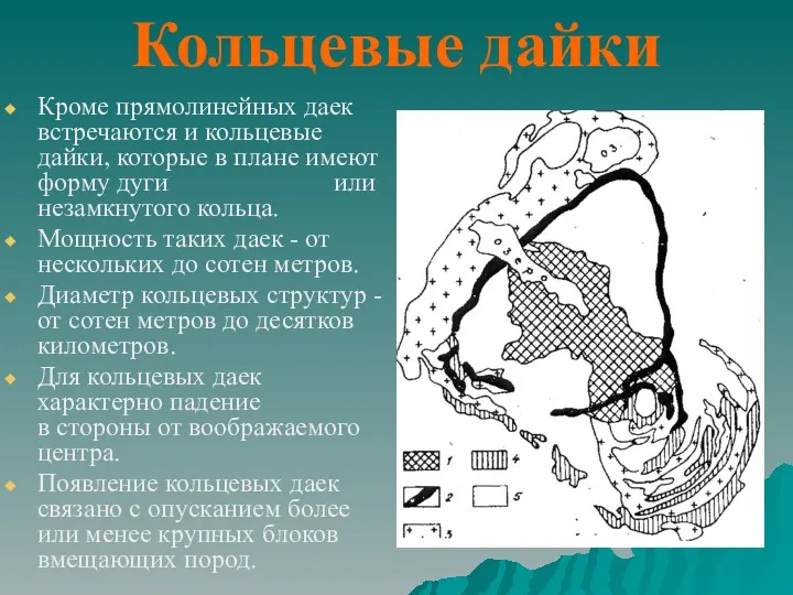 Кольцевые дайки Кроме прямолинейных даек встречаются и кольцевые дайки, которые