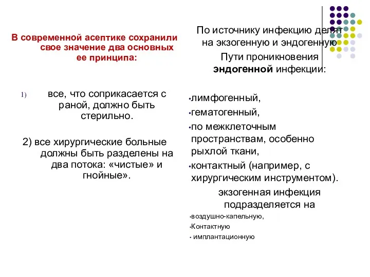 В современной асептике сохранили свое значение два основных ее принципа: все, что соприкасается