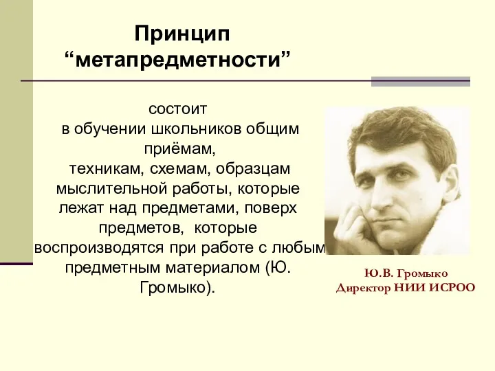 Принцип “метапредметности” состоит в обучении школьников общим приёмам, техникам, схемам,