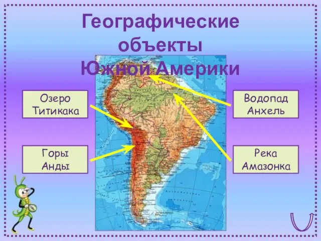 Географические объекты Южной Америки Водопад Анхель Озеро Титикака Река Амазонка Горы Анды