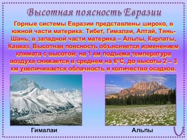 Альпы Гималаи Горные системы Евразии представлены широко, в южной части