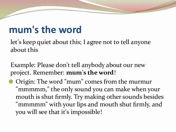 mum's the word let's keep quiet about this; I agree