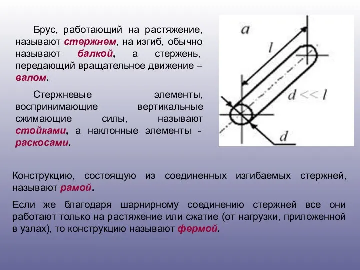 Брус, работающий на растяжение, называют стержнем, на изгиб, обычно называют