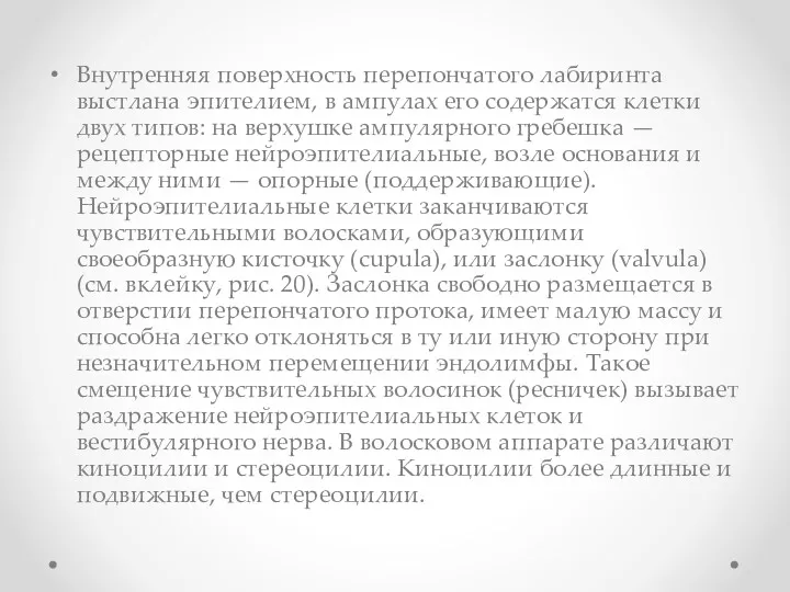 Внутренняя поверхность перепончатого лабиринта выстлана эпителием, в ампулах его содержатся