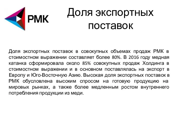 Доля экспортных поставок Доля экспортных поставок в совокупных объемах продаж