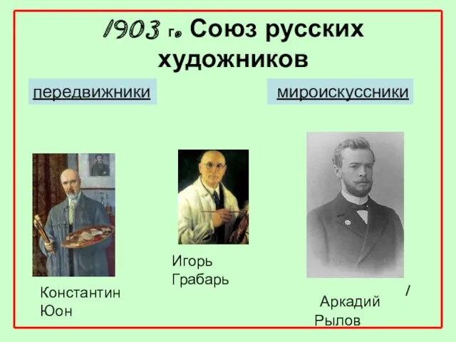 1903 г. Союз русских художников мироискуссники передвижники КонстантинЮон Игорь Грабарь Аркадий Рылов