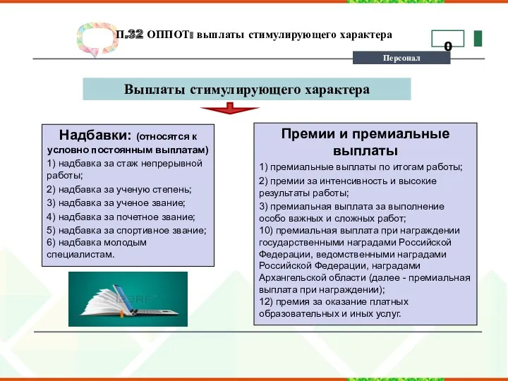 П.32 ОППОТ: выплаты стимулирующего характера Персонал Выплаты стимулирующего характера 0