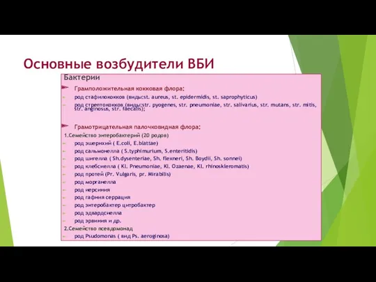 Основные возбудители ВБИ Бактерии Грамположительная кокковая флора: род стафилококков (виды:st.