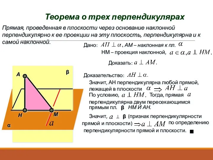 Теорема о трех перпендикулярах Прямая, проведенная в плоскости через основание