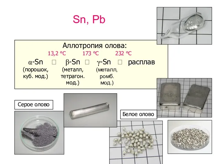 Sn, Pb Аллотропия олова: α-Sn (порошок,куб. мод.) ⮀ 13,2 °С
