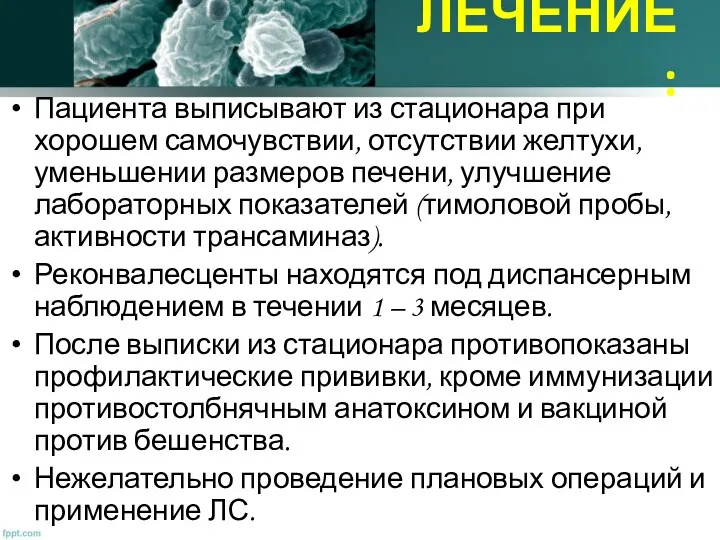 ЛЕЧЕНИЕ: Пациента выписывают из стационара при хорошем самочувствии, отсутствии желтухи,