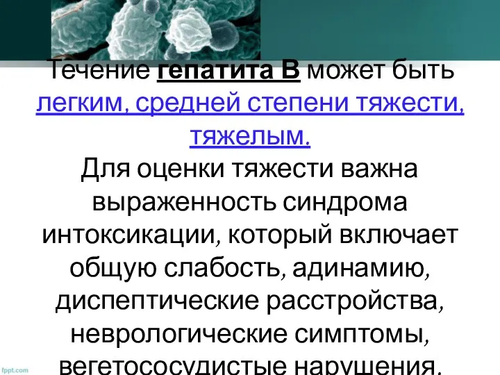 Течение гепатита В может быть легким, средней степени тяжести, тяжелым.