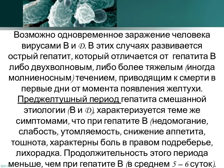 Возможно одновременное заражение человека вирусами В и D. В этих