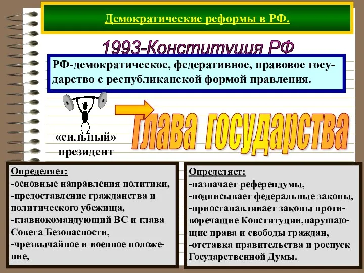 Демократические реформы в РФ. 1993-Конституция РФ РФ-демократическое, федеративное, правовое госу-