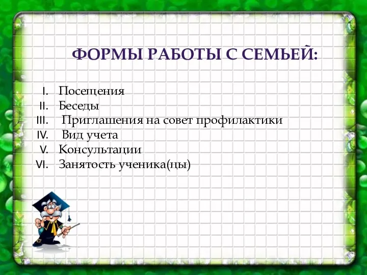 ФОРМЫ РАБОТЫ С СЕМЬЕЙ: Посещения Беседы Приглашения на совет профилактики Вид учета Консультации Занятость ученика(цы)