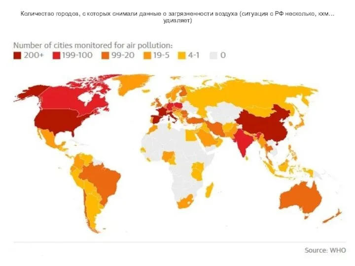 Количество городов, с которых снимали данные о загрязненности воздуха (ситуация с РФ несколько, кхм… удивляет)