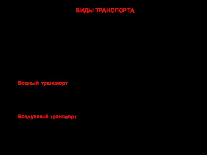 ВИДЫ ТРАНСПОРТА Транспорт — это совокупность всех видов путей сообщения,