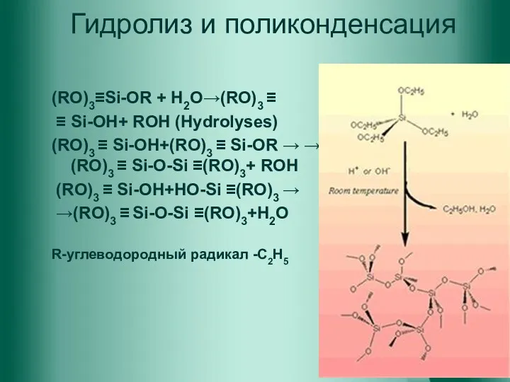 Гидролиз и поликонденсация (RO)3≡Si-OR + H2O→(RO)3 ≡ ≡ Si-OH+ ROH