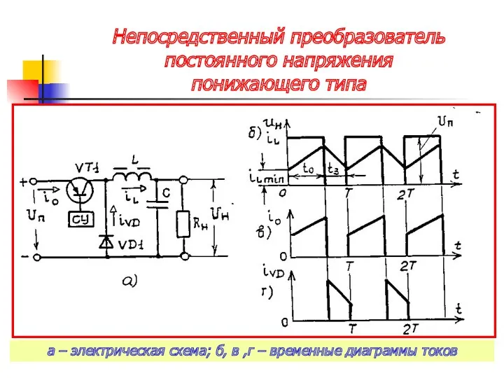 Непосредственный преобразователь постоянного напряжения понижающего типа а – электрическая схема;