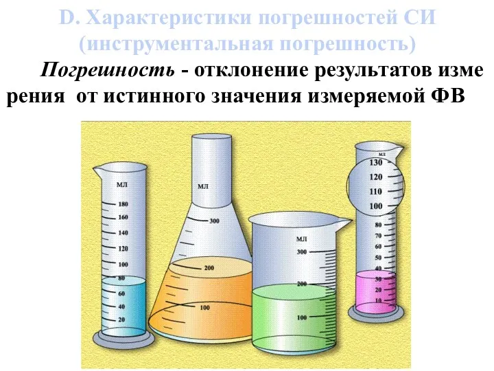 D. Характеристики погрешностей СИ (инструментальная погрешность) Погрешность - отклонение результатов изме­рения от истинного значения измеряемой ФВ